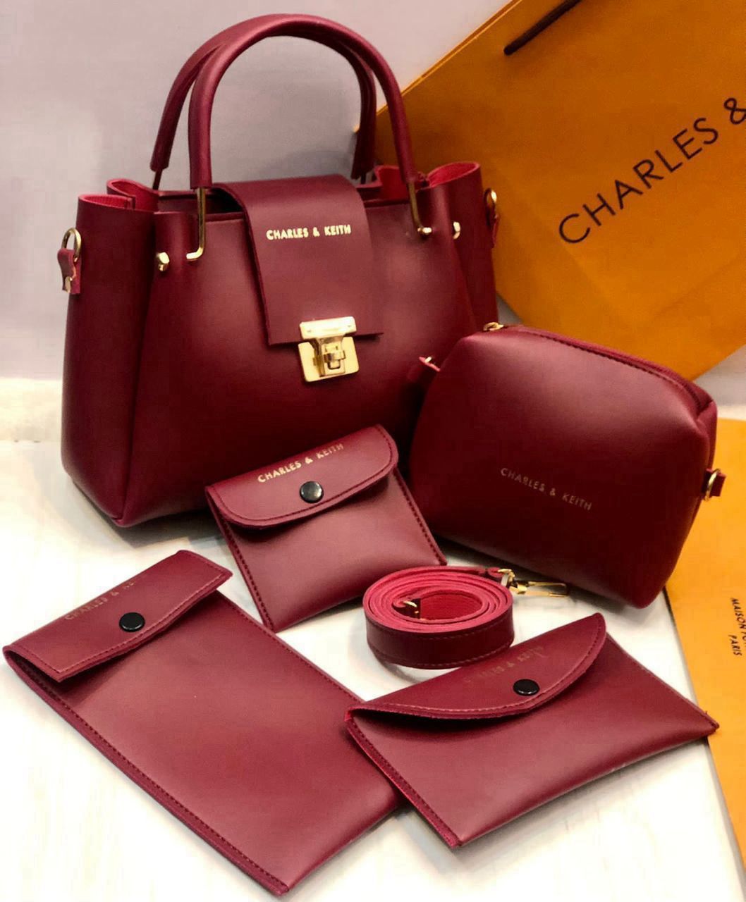 Charles & Keith Branded II 5 Pcs Bag Set - Maroon Colour