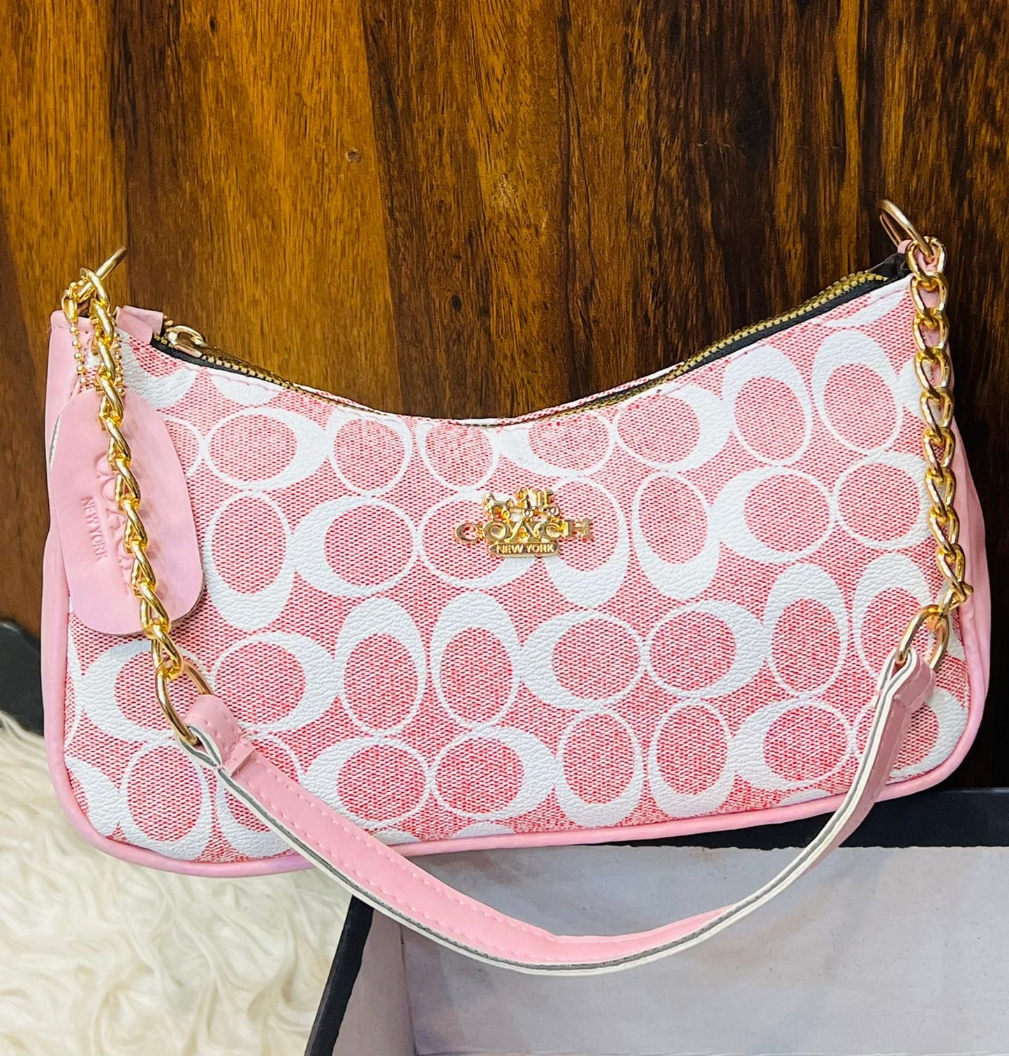 Coach Teri Shoulder Bag - Pink Monogram Shoulder Purse with Gold Chain