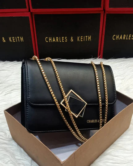 Charles & Keith Front Flap Chain-Black Colour - Branded