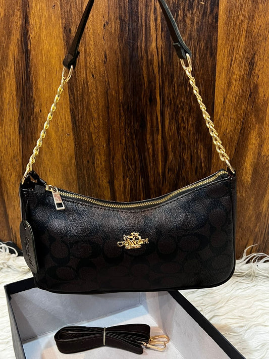Coach Teri Shoulder Bag - Dark Brown Monogram Shoulder Purse with Gold Chain