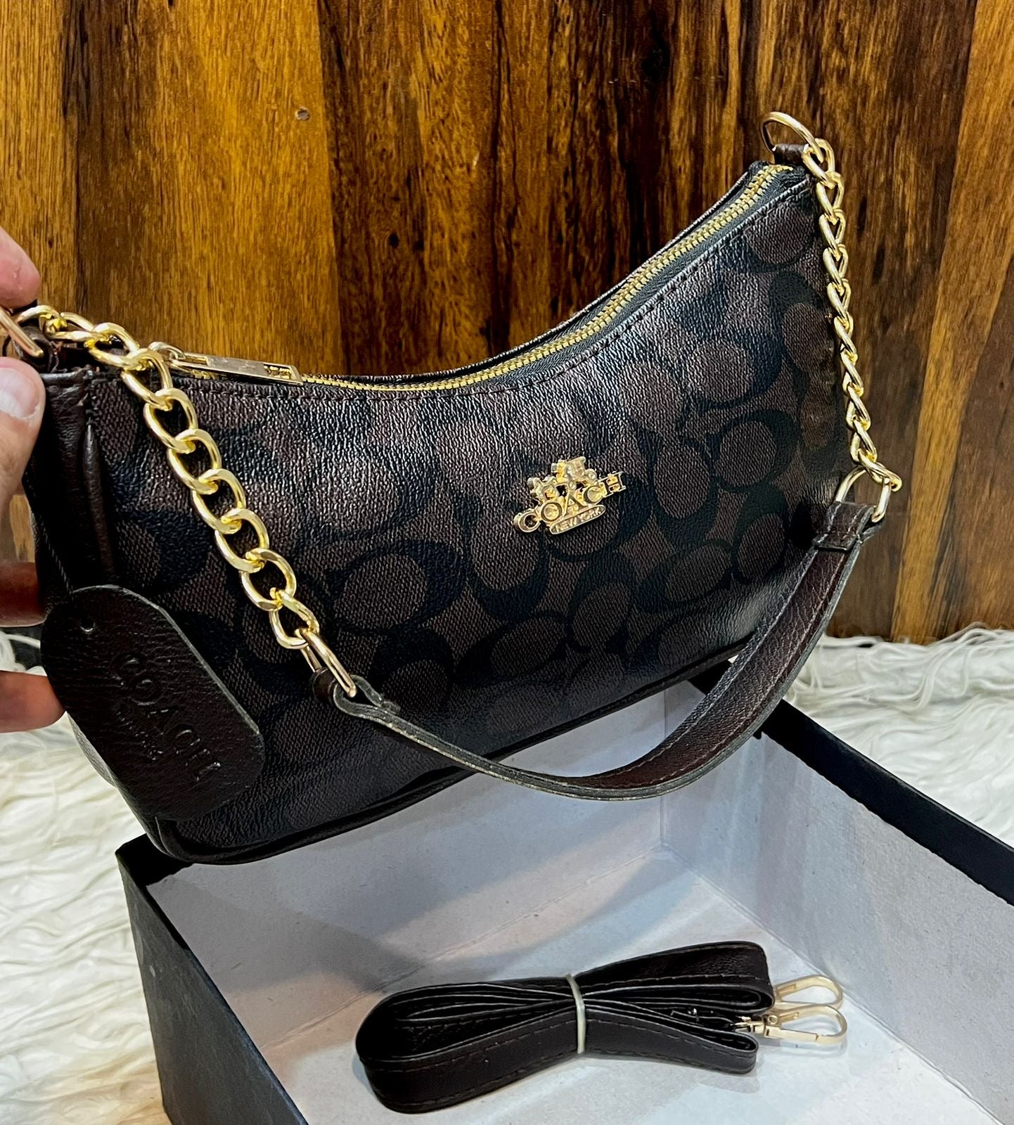 Coach Teri Shoulder Bag - Dark Brown Monogram Shoulder Purse with Gold Chain