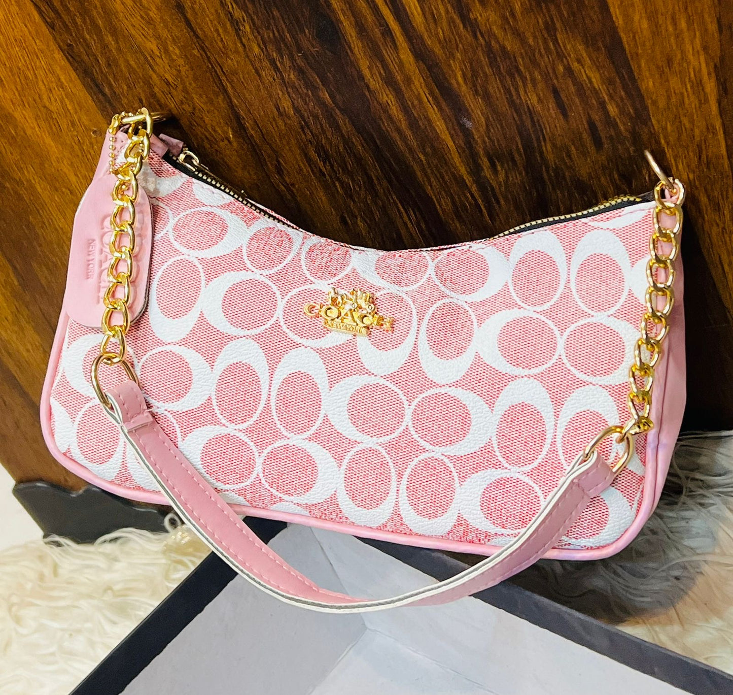 Coach Teri Shoulder Bag - Pink Monogram Shoulder Purse with Gold Chain