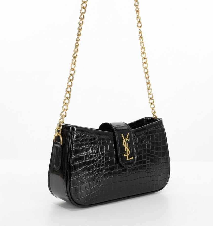 White Royale Croc-Embossed Statement Shoulder Bag