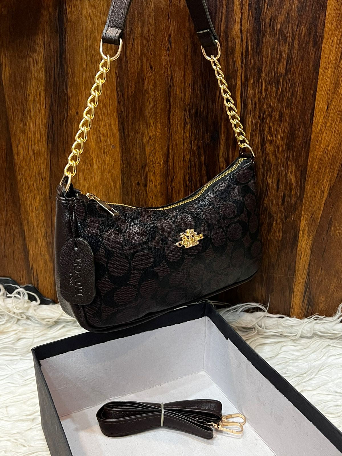 Coach Teri Shoulder Bag - Dark Brown Monogram Shoulder Purse with Gold Chain