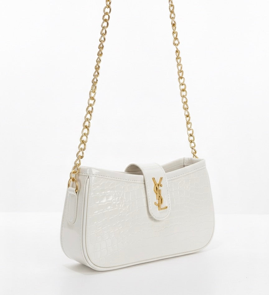 White Royale Croc-Embossed Statement Shoulder Bag