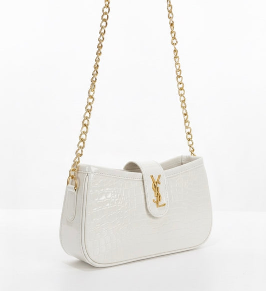 White Royale Croc-Embossed Statement Shoulder Bag