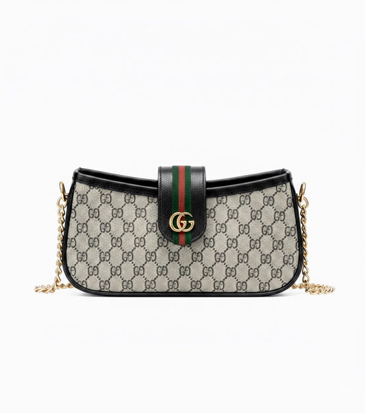 Gucci GG Canvas Beige & Black Monogram Shoulder Bag – Gold Chain