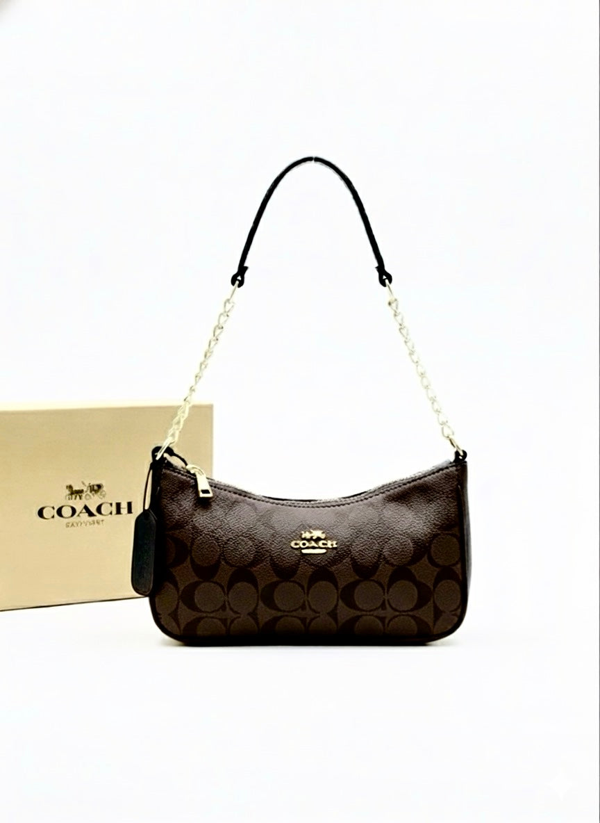 Coach Teri Shoulder Bag - Dark Brown Monogram Shoulder Purse with Gold Chain