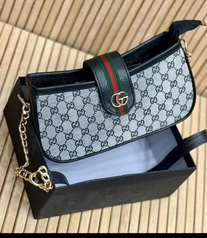 Gucci GG Canvas Beige & Black Monogram Shoulder Bag – Gold Chain