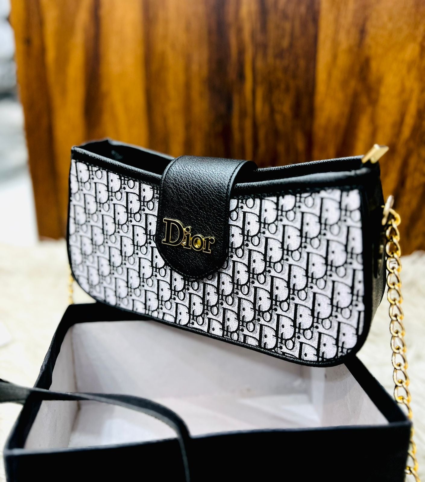 Ðior Signature Monochrome Chain Bag - Iconic Pattern