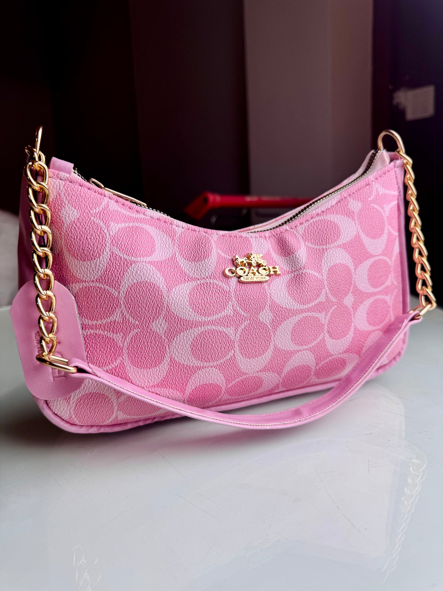 Coach Teri Shoulder Bag - D-Pink Monogram Shoulder Purse with Gold Chain
