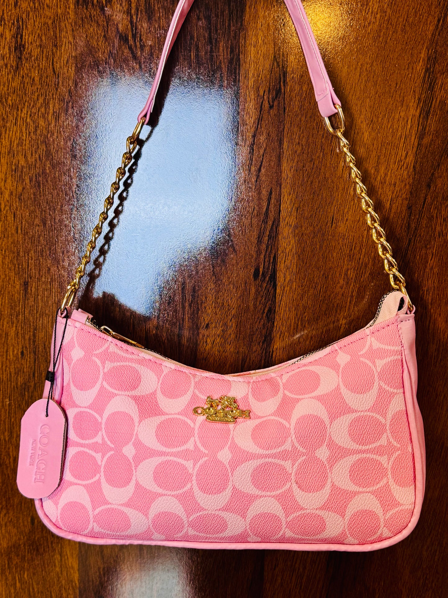 Coach Teri Shoulder Bag - D-Pink Monogram Shoulder Purse with Gold Chain