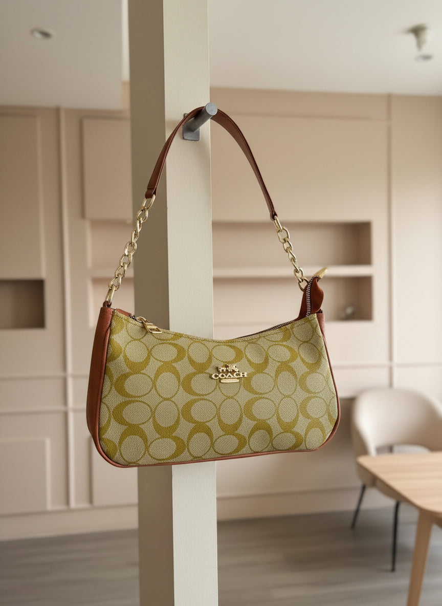 Coach Teri Shoulder Bag - light olive green - brown Monogram Shoulder Purse