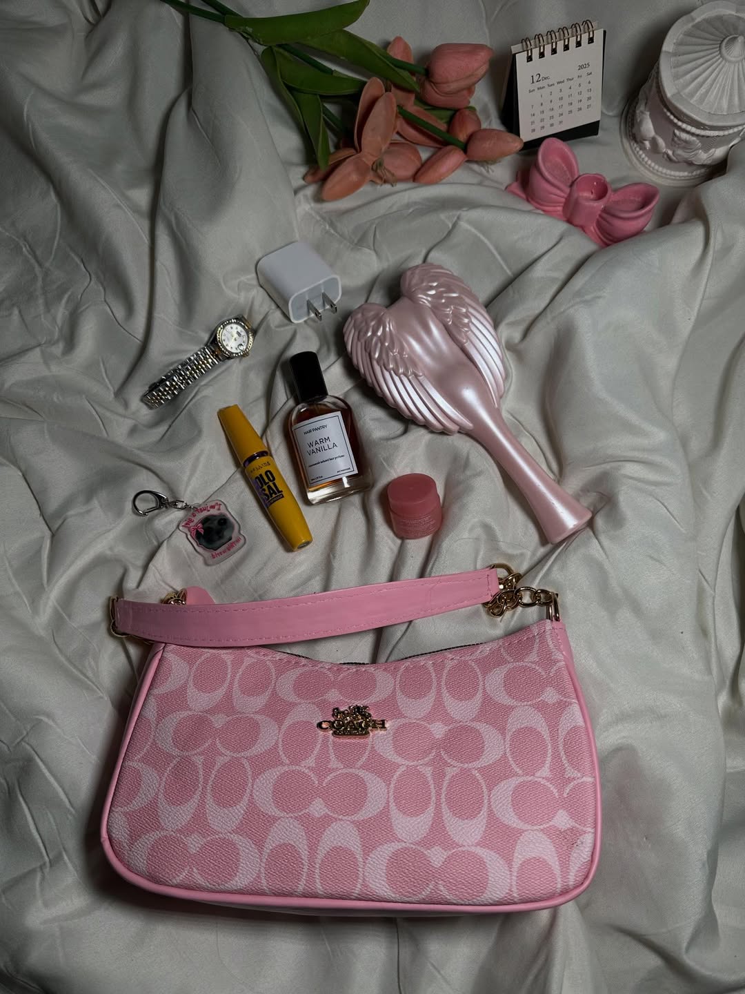 Coach Teri Shoulder Bag - D-Pink Monogram Shoulder Purse with Gold Chain