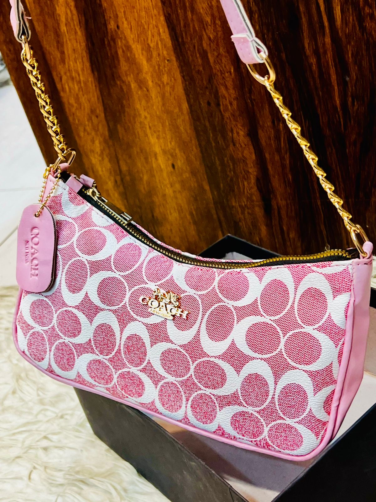 Coach Teri Shoulder Bag - Pink Monogram Shoulder Purse with Gold Chain