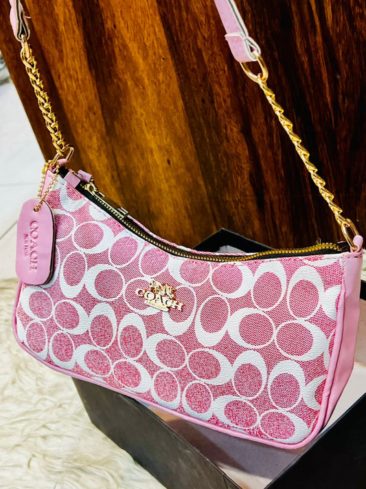 Coach Teri Shoulder Bag - Pink Monogram Shoulder Purse with Gold Chain
