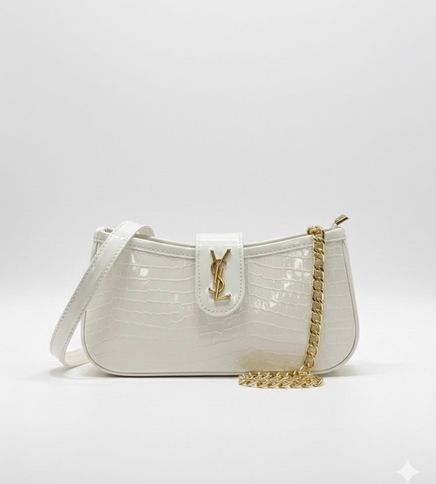 White Royale Croc-Embossed Statement Shoulder Bag