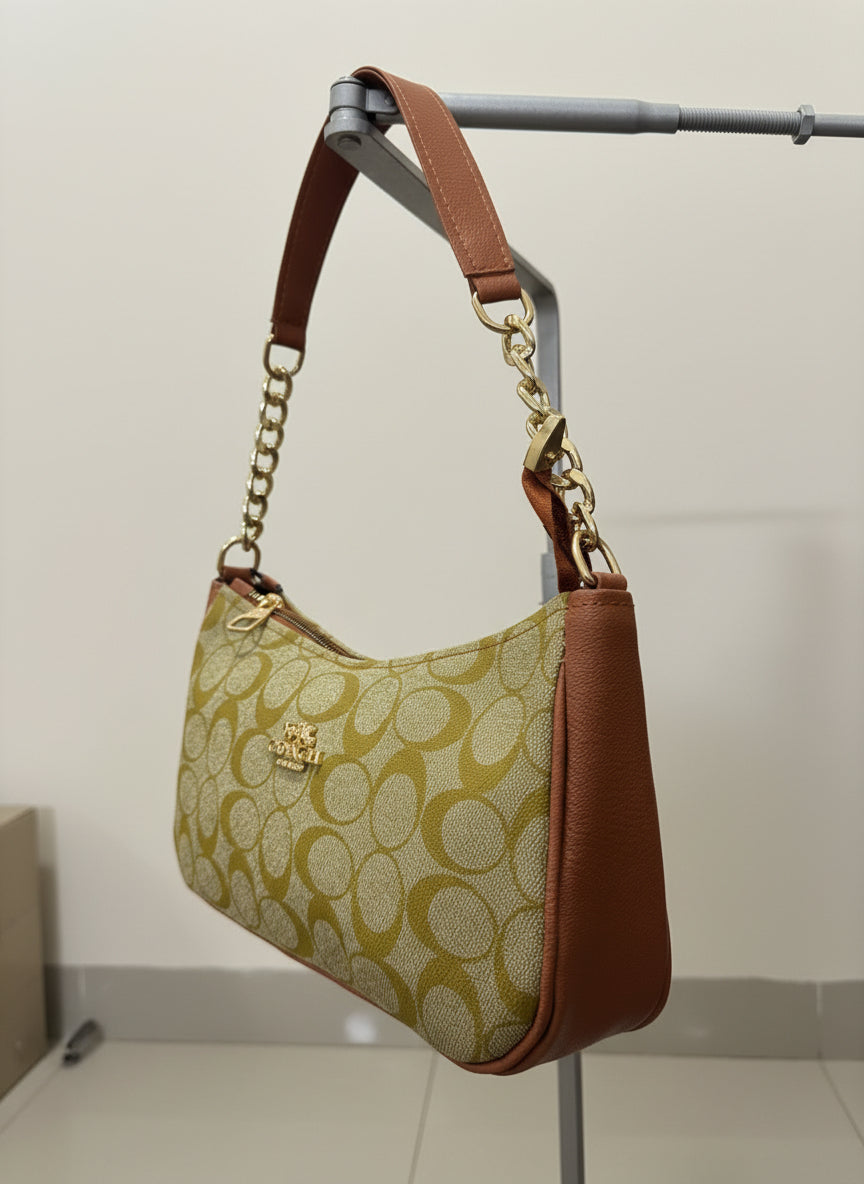 Coach Teri Shoulder Bag - light olive green - brown Monogram Shoulder Purse