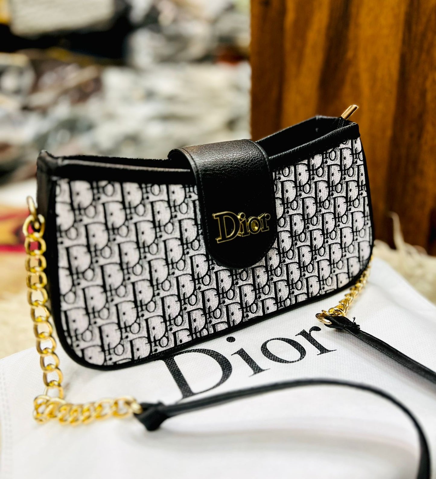 Ðior Signature Monochrome Chain Bag - Iconic Pattern