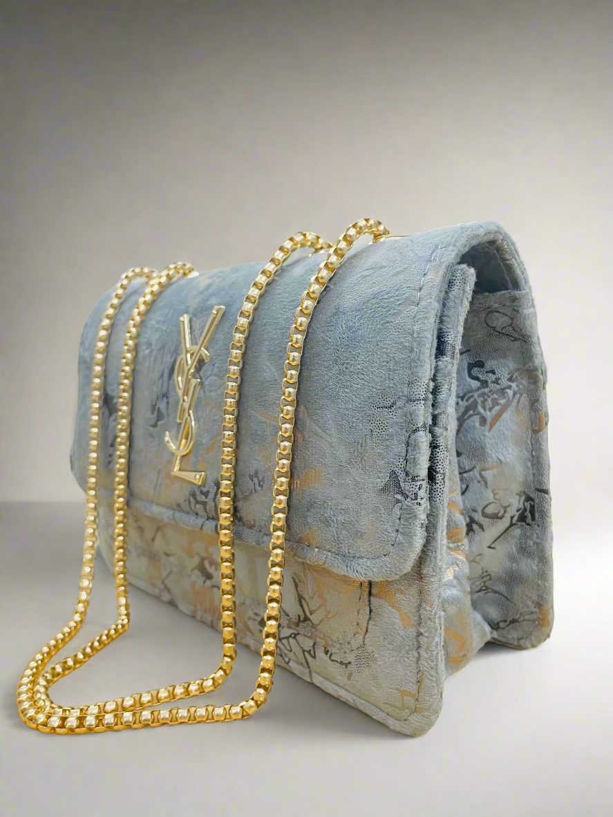 YSL Antique Grey Bloom Crossbody Bag - Metallic Floral Pattern