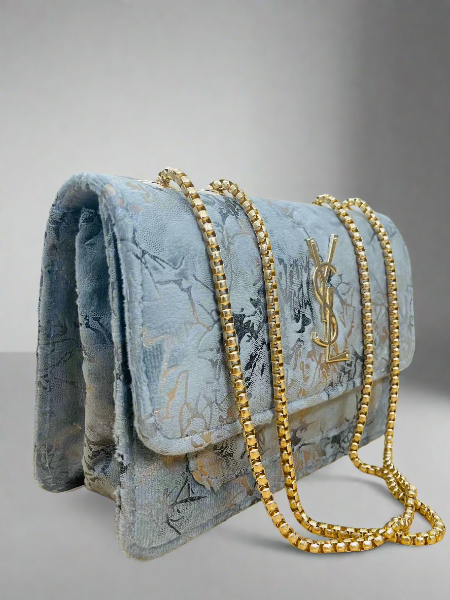 YSL Antique Grey Bloom Crossbody Bag - Metallic Floral Pattern