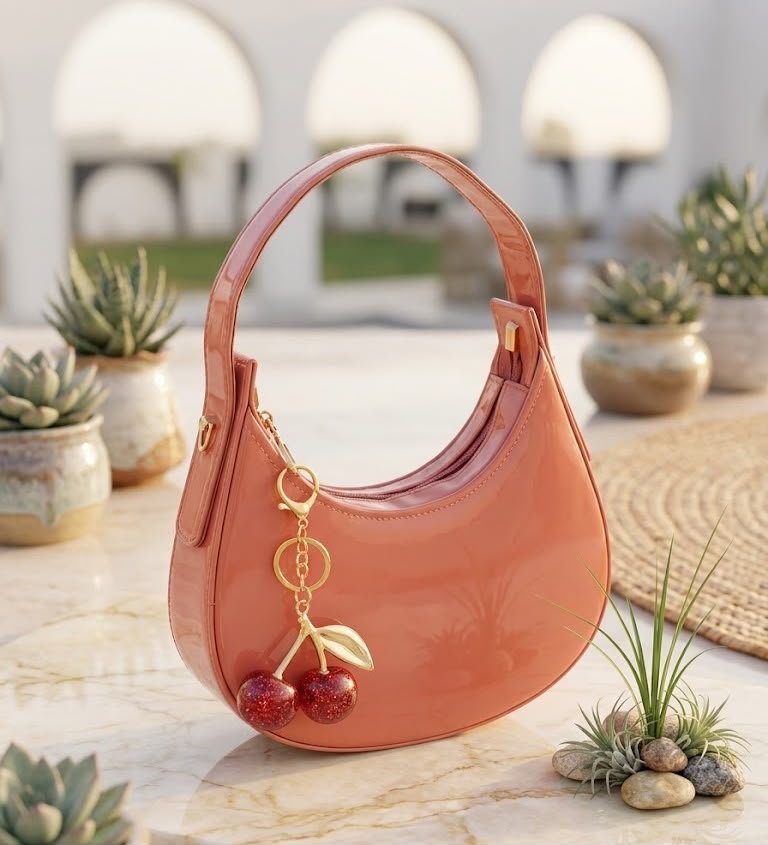 Premium Moon Shoulder Bag with Gold Chain and Cherry Charm