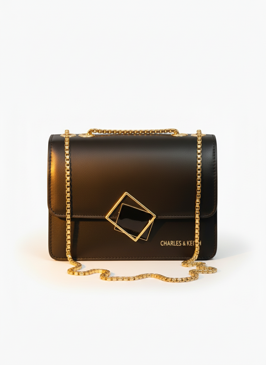 Charles & Keith Front Flap Chain-Black Colour - Branded