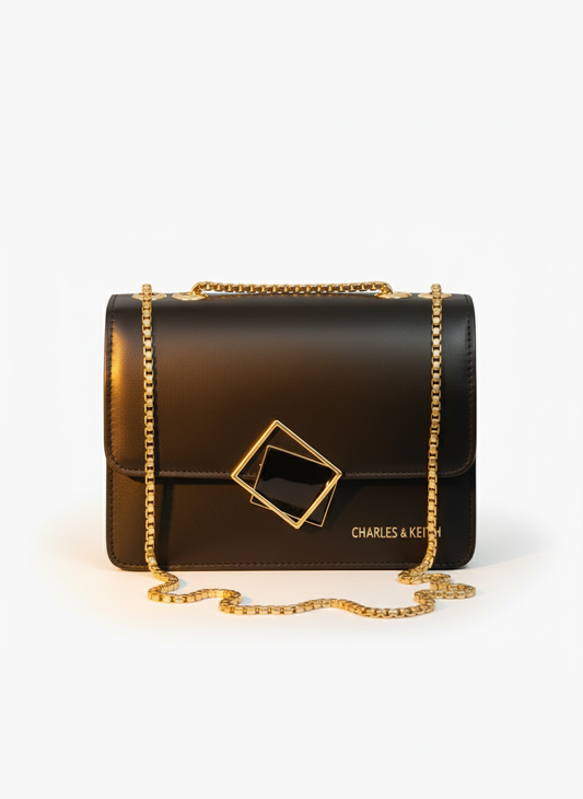 Charles & Keith Front Flap Chain-Black Colour - Branded